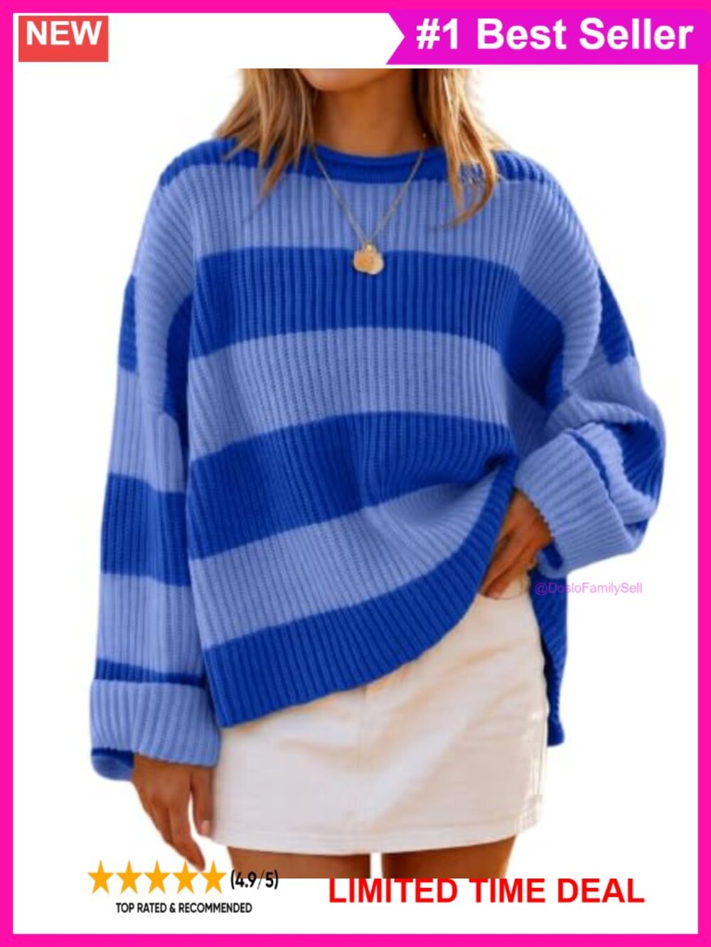Womens Fall Oversized Striped Sweater Drop Shoulder Crew Neck Pullover